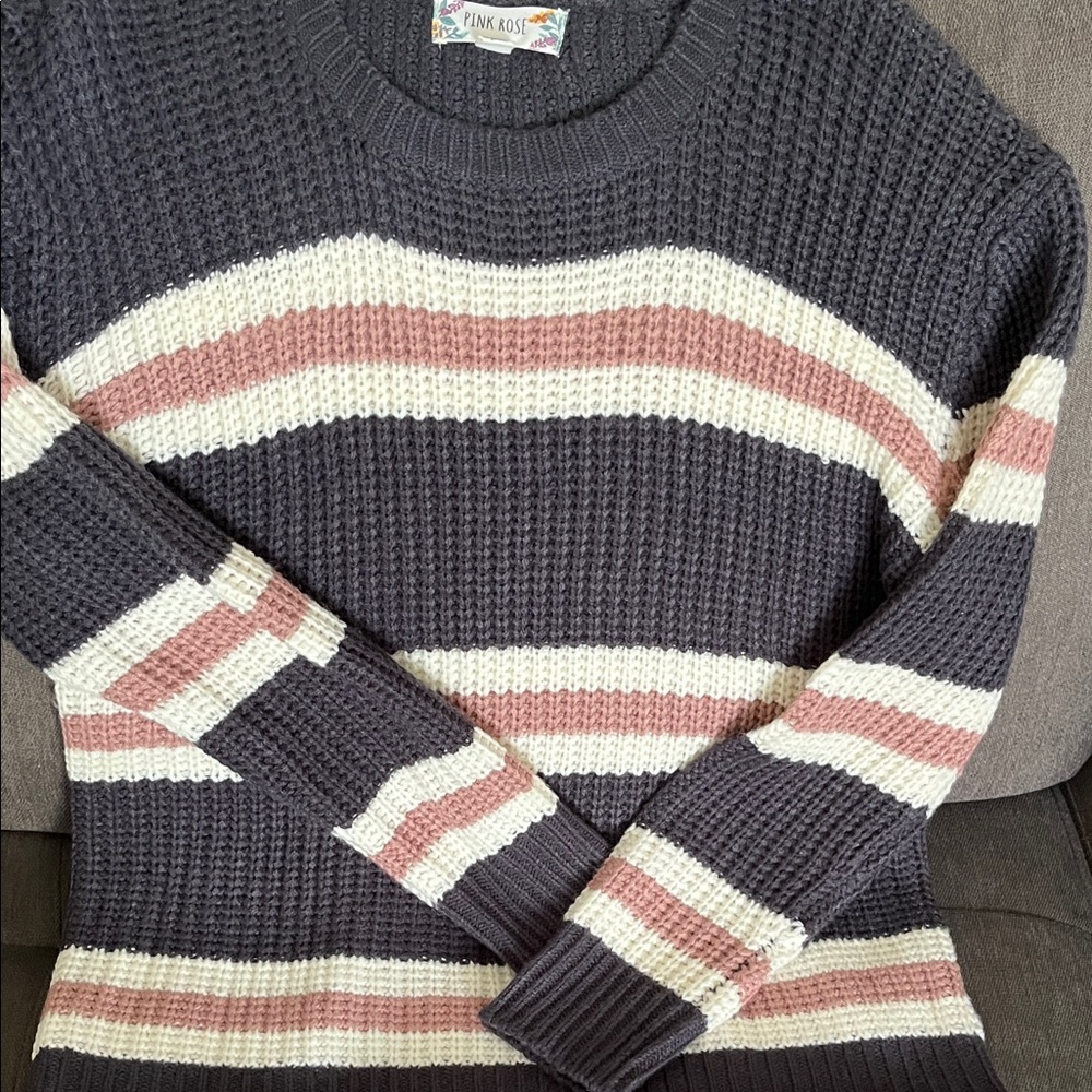 Pink Rose Striped Sweater - Black, Pink, Cream
